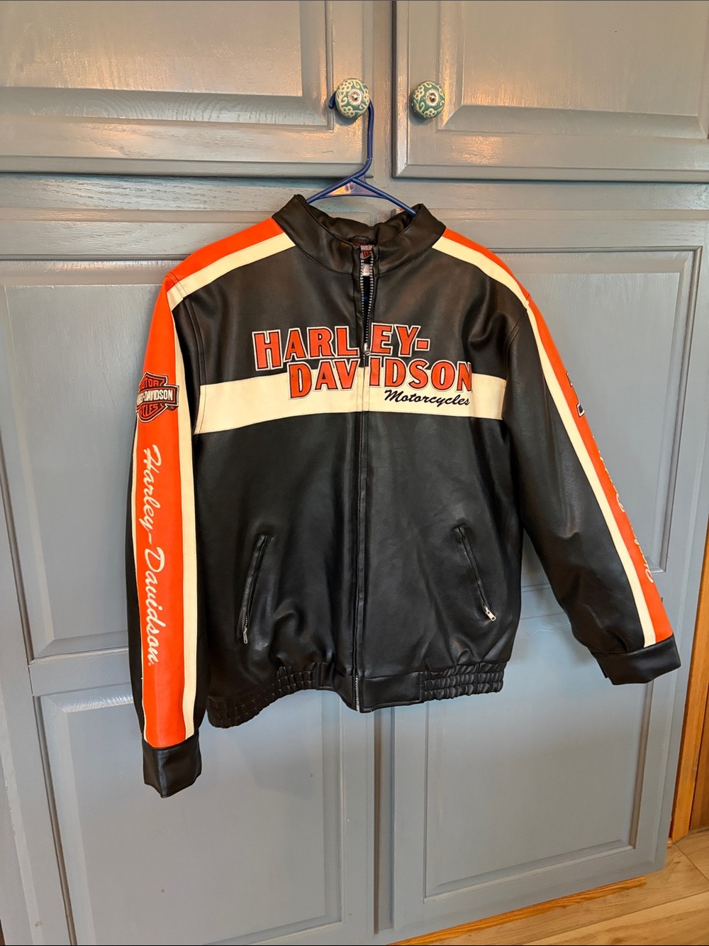 Harley-Davidson Black, Orange & White vinyl Racing Jacket. Read description.